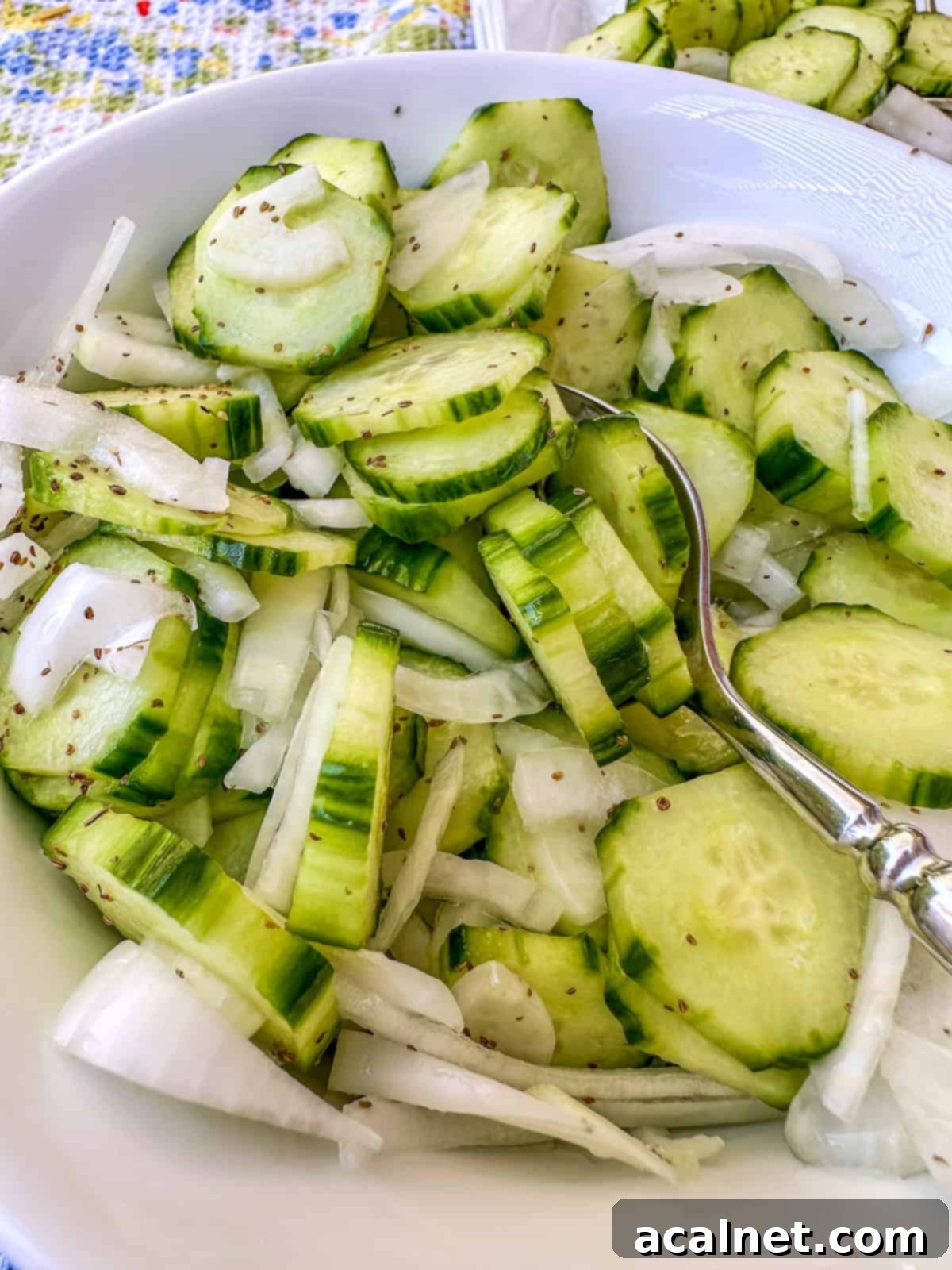 A bowl of quick pickled cucumbers with sliced onions in a bowl.