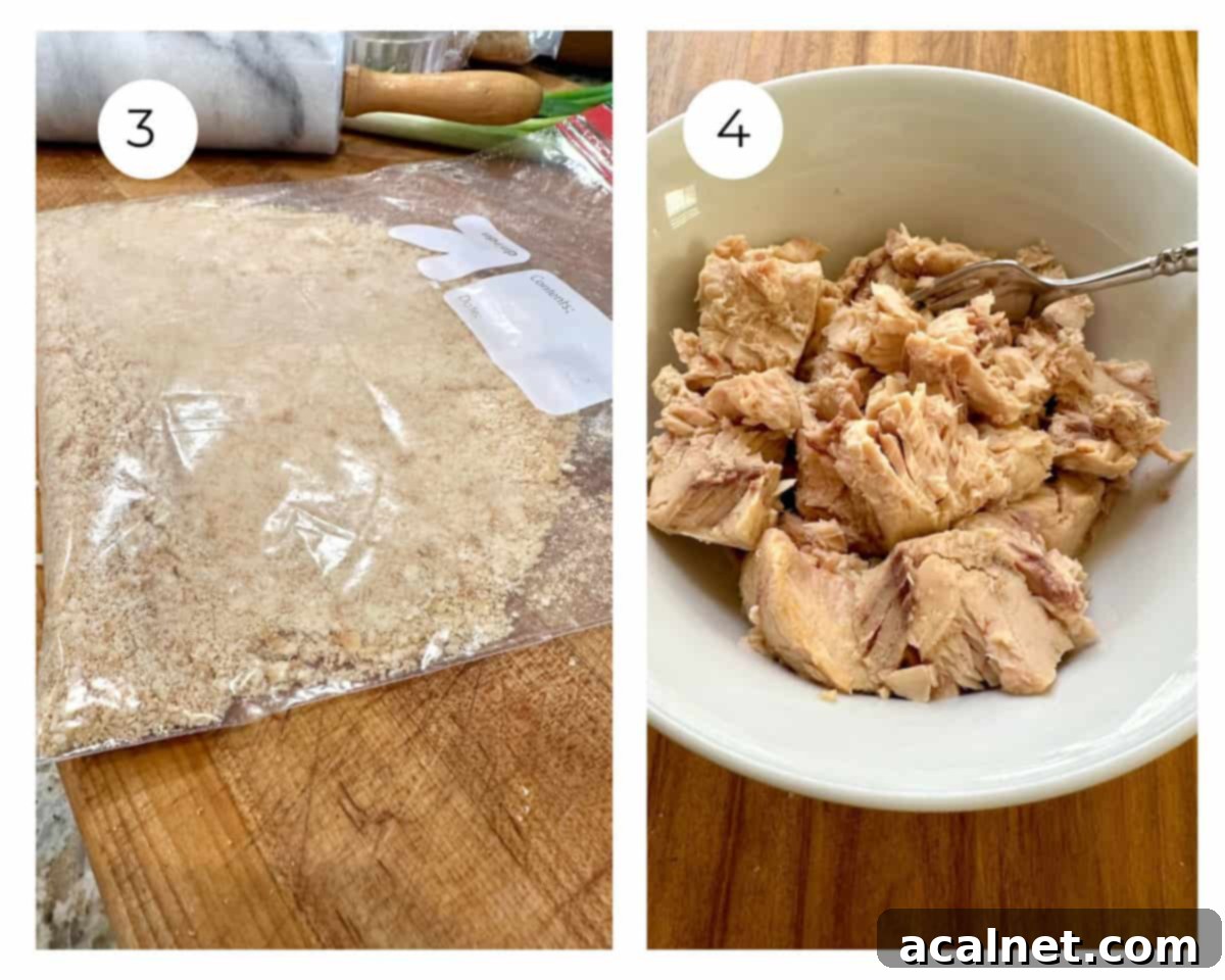 Crushed cracker crumbs in a bag and flaked salmon in a bowl.