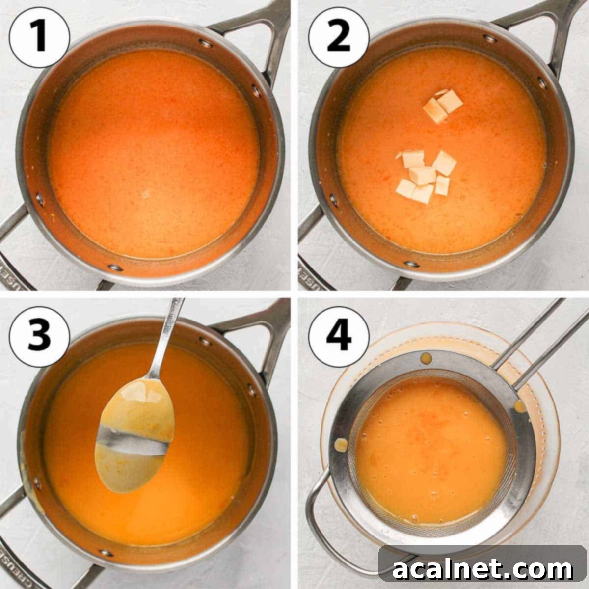 A four-panel process shot collage demonstrating the steps to make orange curd in a saucepan, from mixing to thickening.