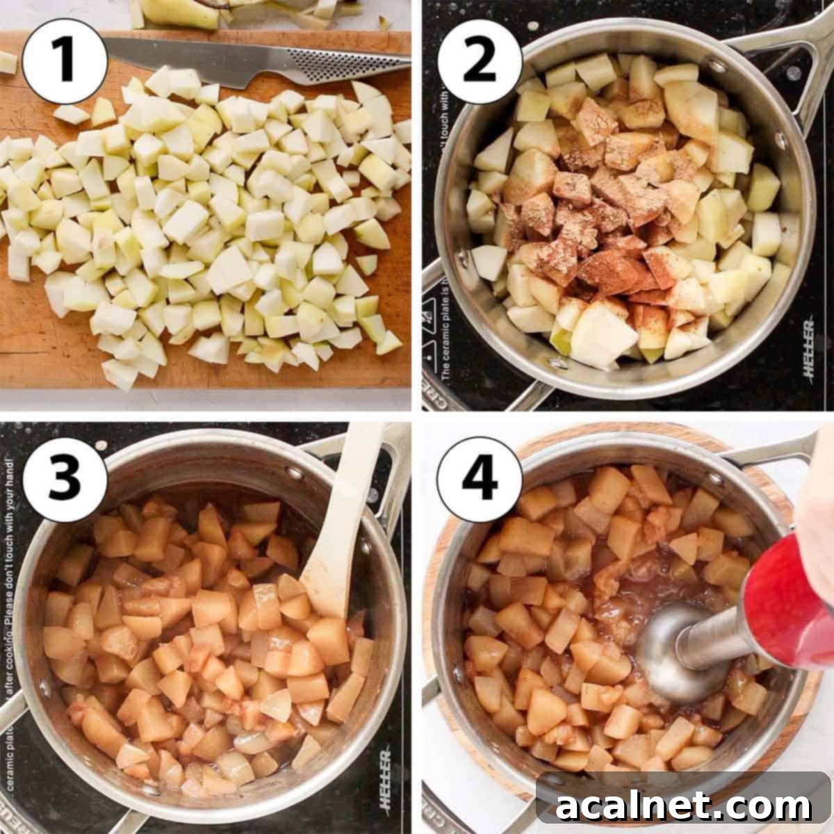 A four-panel collage illustrating the making of pear compote: 1. Pears peeled and cubed. 2. All ingredients in a saucepan. 3. Pears simmering on the stove. 4. Blended compote in the pot.