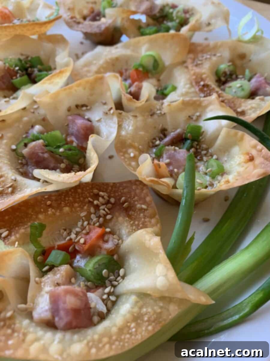 Crispy Pork Wonton Stars arranged on a platter, garnished with green onions and sesame seeds.