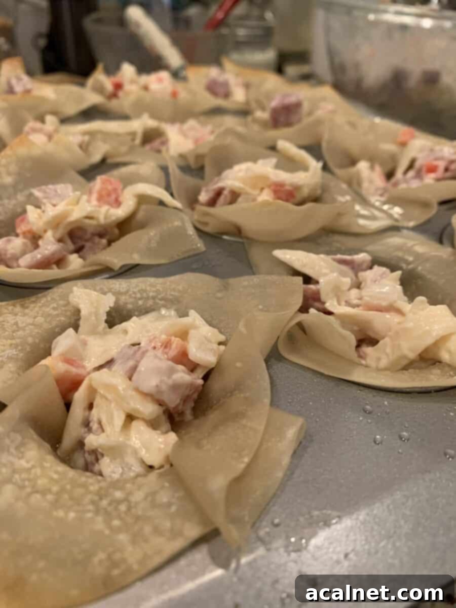Partially baked wonton wrappers brushed with butter mixture, nestled in a mini-muffin pan.