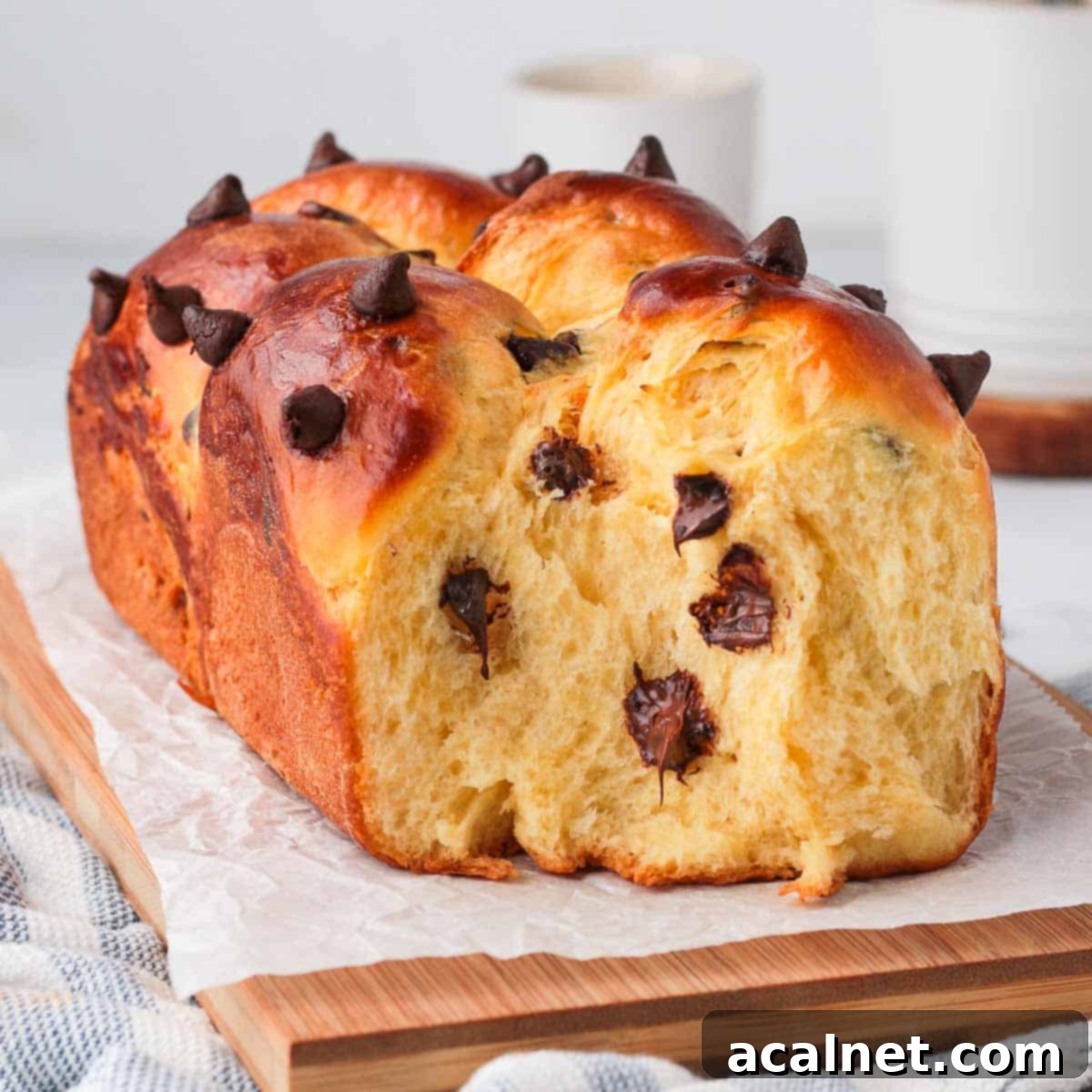Crumb shot of the brioche with melted chocolate chips, showcasing its soft, fluffy texture.