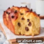 Crumb shot of the brioche with melted chocolate chips.