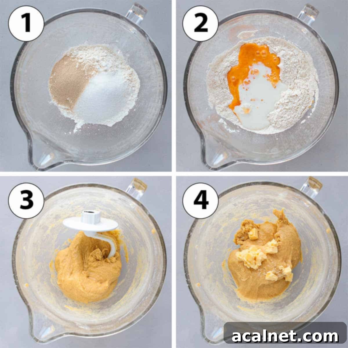 A four-panel collage showing the process of mixing and kneading brioche dough in a stand mixer.