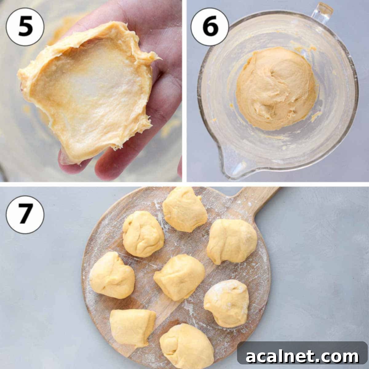 A two-panel collage showing proofed brioche dough and then the dough cut into 8 equal pieces.