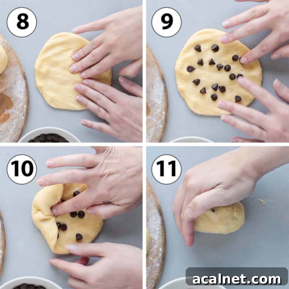 A four-panel collage illustrating the steps of filling dough with chocolate chips and shaping it into individual rolls.