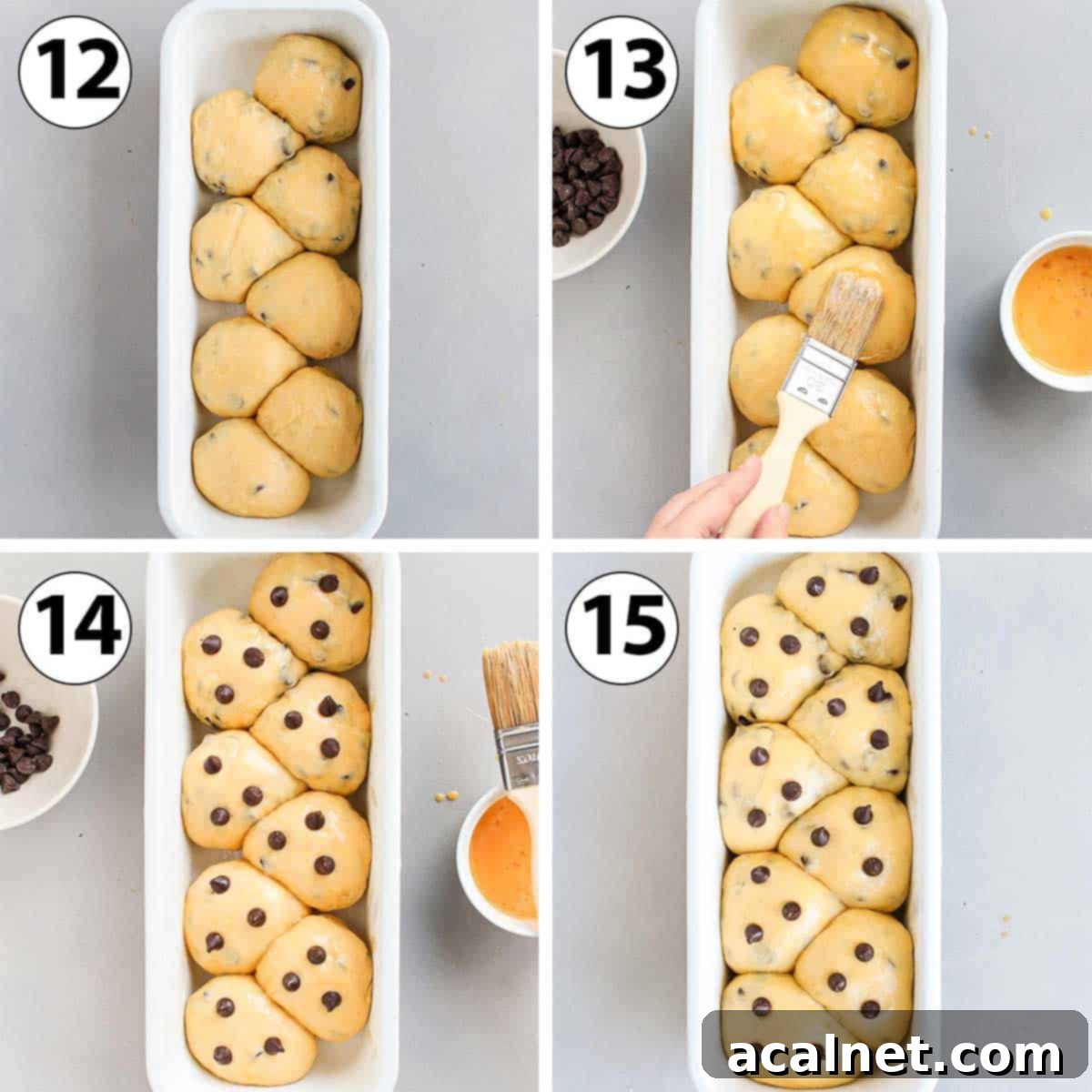 A four-panel collage showing the assembly of brioche rolls in a loaf pan, including egg wash and final proof.