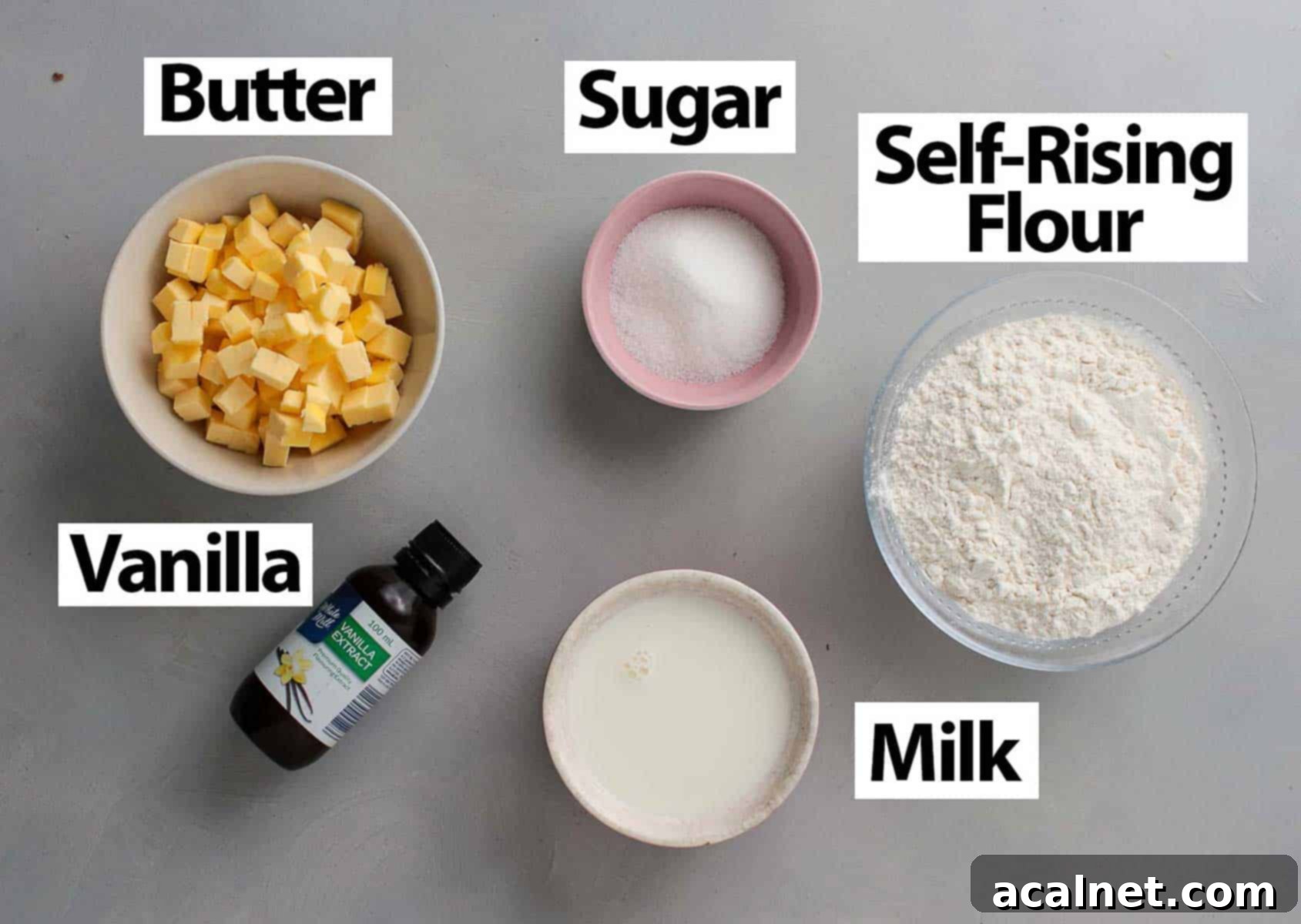Easy Remoska Scones 3 Scones Ingredients on a grey surface.