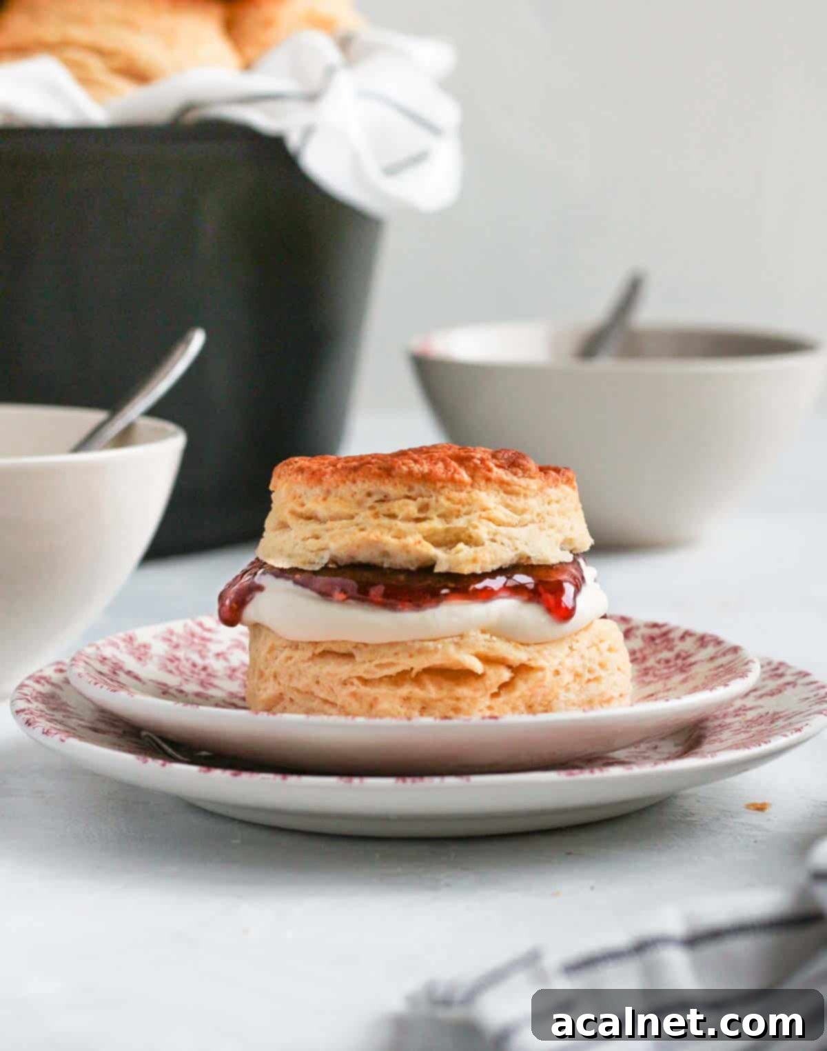 Easy Remoska Scones 9 One scone filled with cream and jam on two pink plates.