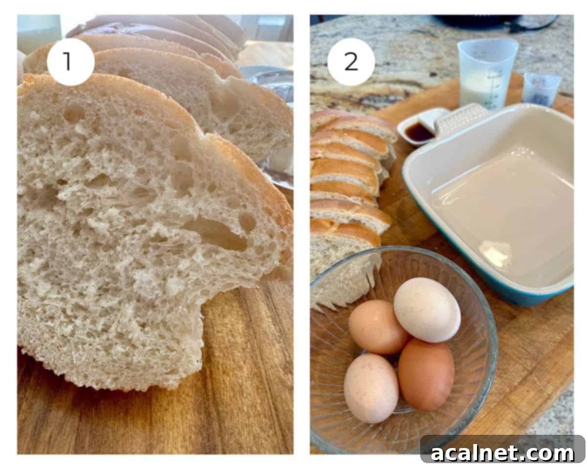 Sliced bread and ingredients for buttermilk french toast arranged on a cutting board, ready for preparation.