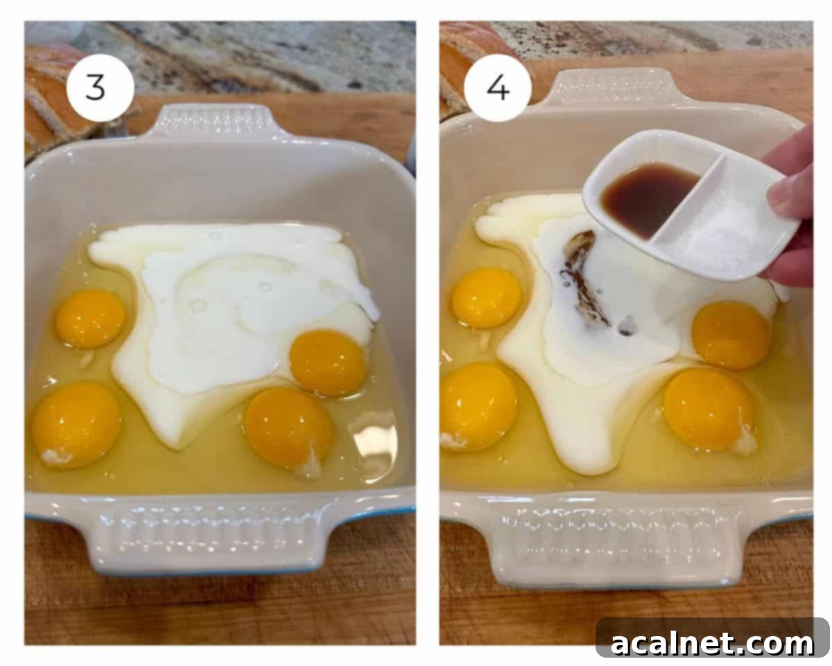 Eggs and buttermilk in a dish, alongside smaller dishes holding maple syrup, vanilla extract, and salt.