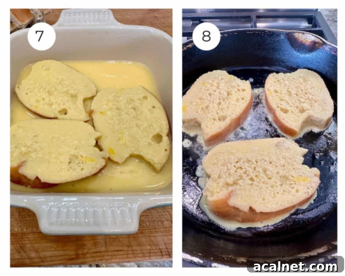 Slices of bread soaking in the buttermilk and egg mixture in a dish, and another set of slices cooking in a hot skillet.