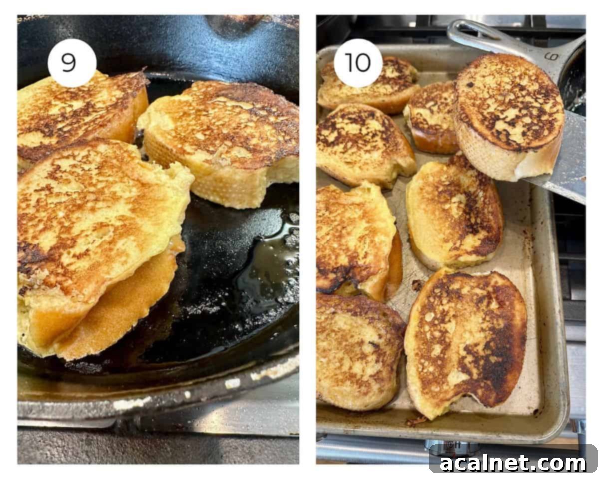 French toast cooking in a skillet, then being lifted with a spatula onto a baking sheet, ready for the oven.