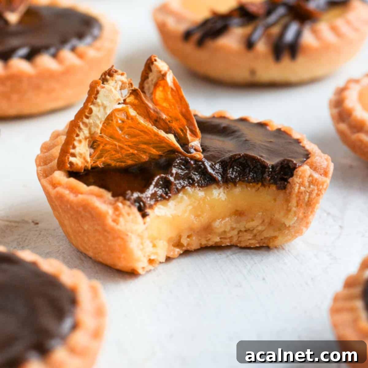 One chocolate orange tartlet with a bite taken off, showcasing the distinct layers of chocolate ganache, orange curd, and crisp pastry.