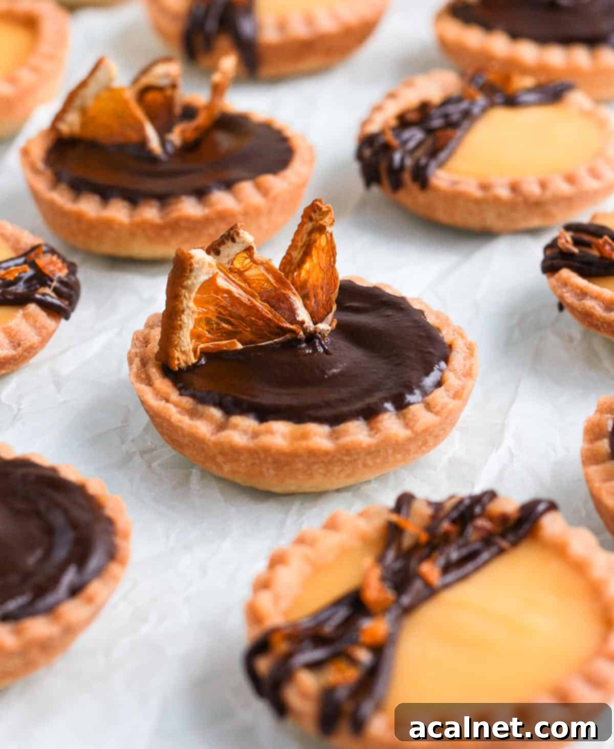 Close up on one Chocolate Orange Tartlet, beautifully topped with a dehydrated orange slice, resting on white baking paper.