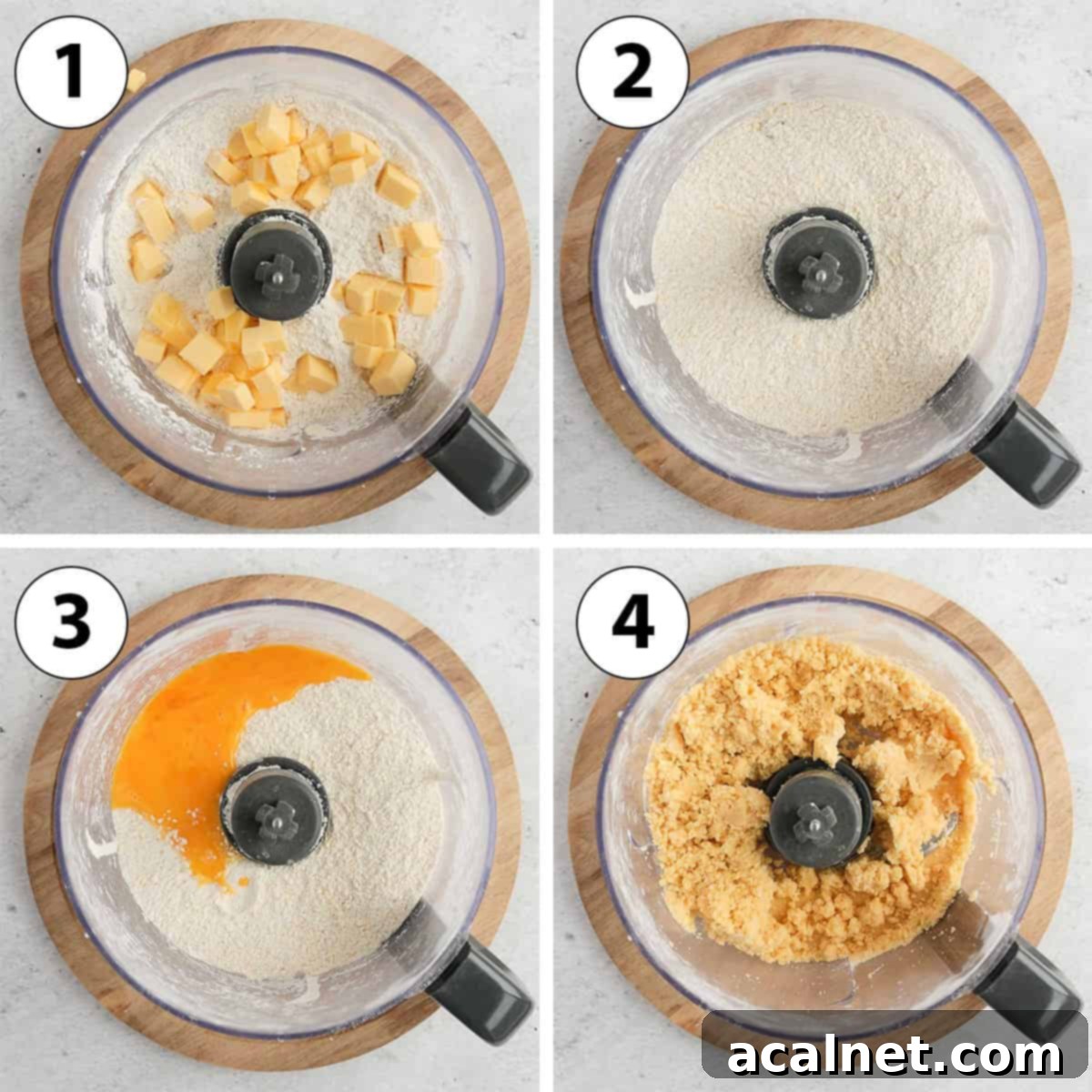 Process Shot Collage: detailed steps showing the making of the tartlet dough in a food processor, from dry ingredients to a formed dough ball.