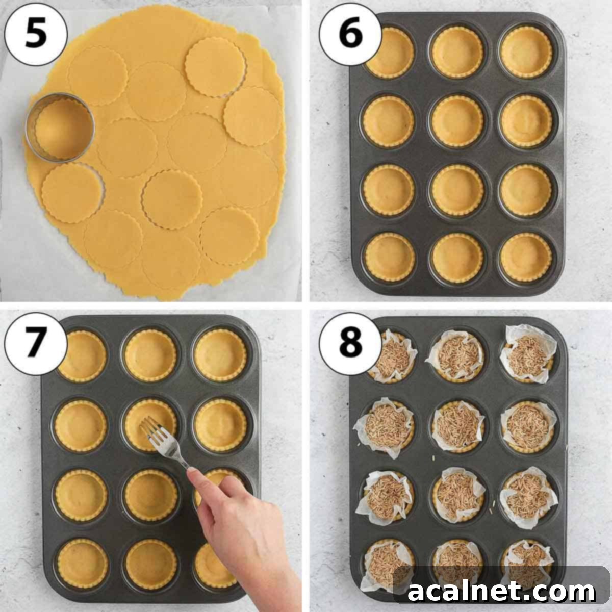 Process Shot collage: demonstrating how to line a muffin pan with pastry disks for tartlet shells, including cutting, pressing, and pricking.