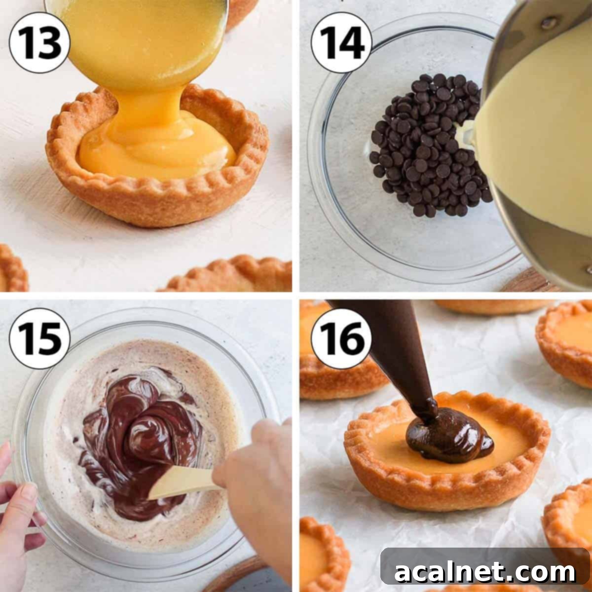 Process Shot Collage: illustrating the final steps of assembling the Chocolate Orange Tartlets, including pouring orange curd, making chocolate ganache, and piping ganache onto the tartlets.