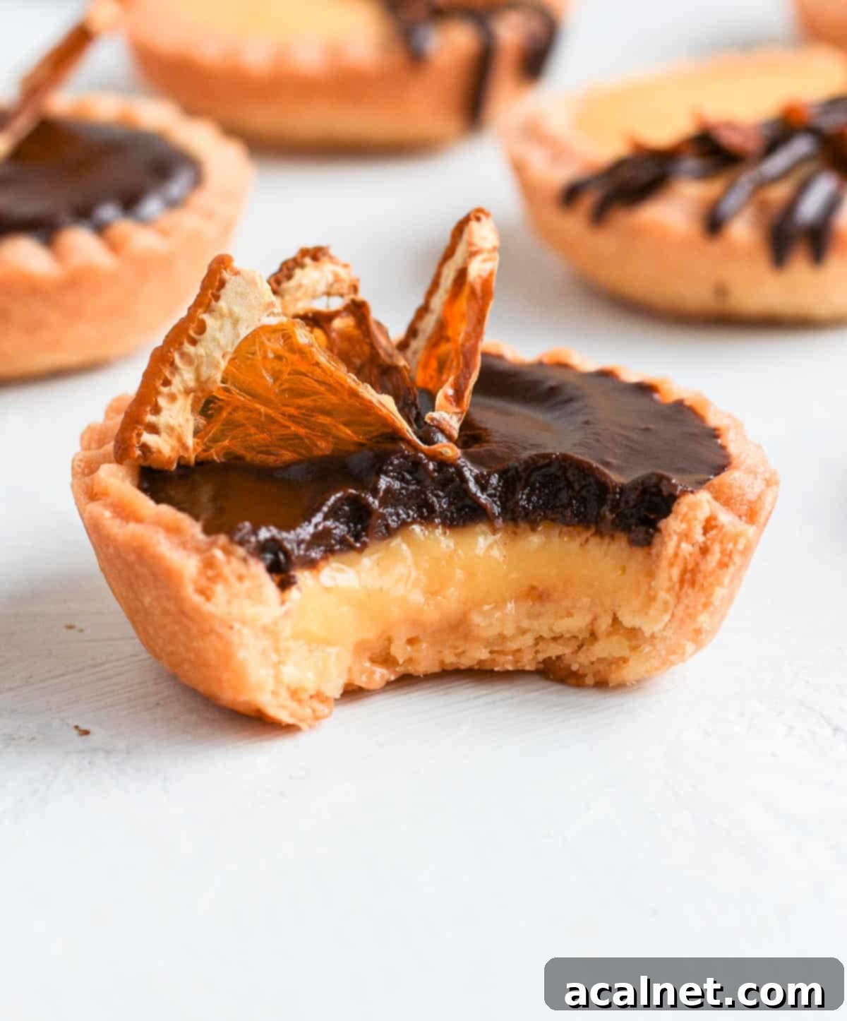 A close-up of one Chocolate Orange Tartlet with a small bite taken out, revealing the layers of dark chocolate ganache and bright orange curd.
