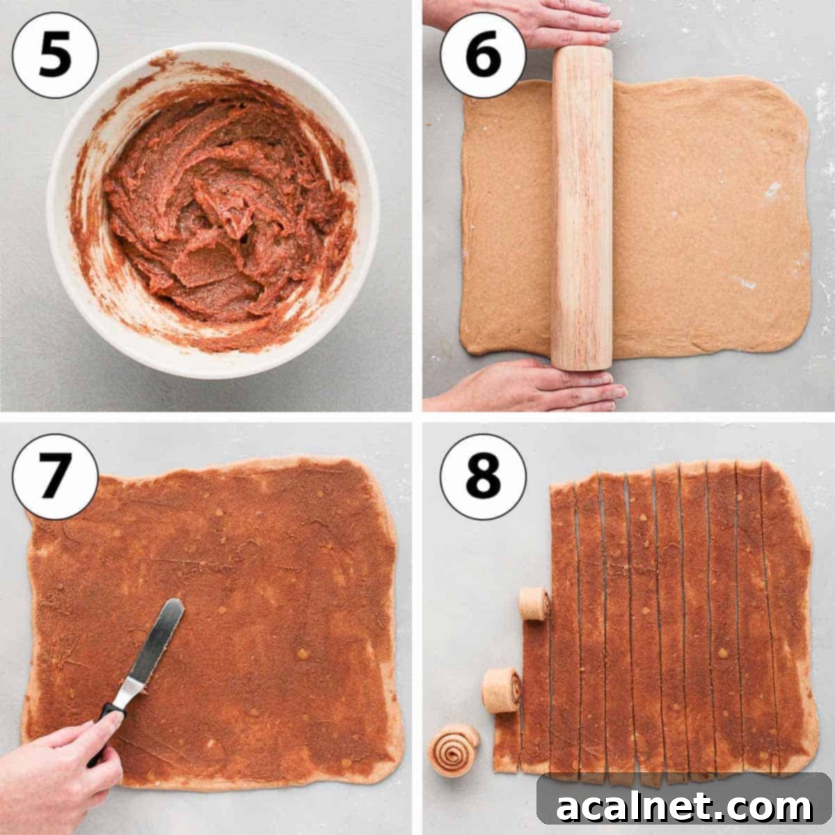 Process Shot Collage: rolling the dough, adding the filling and cutting the rolls.