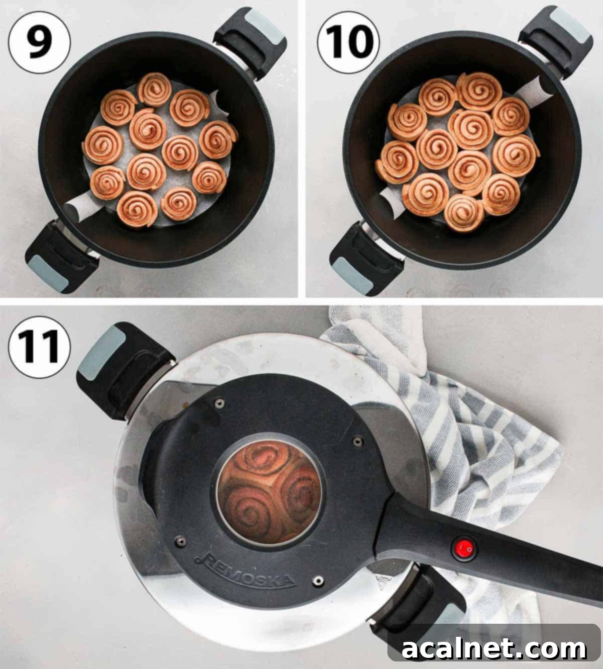 Process Shot Collage: proofing the rolls and baking in the remoska.