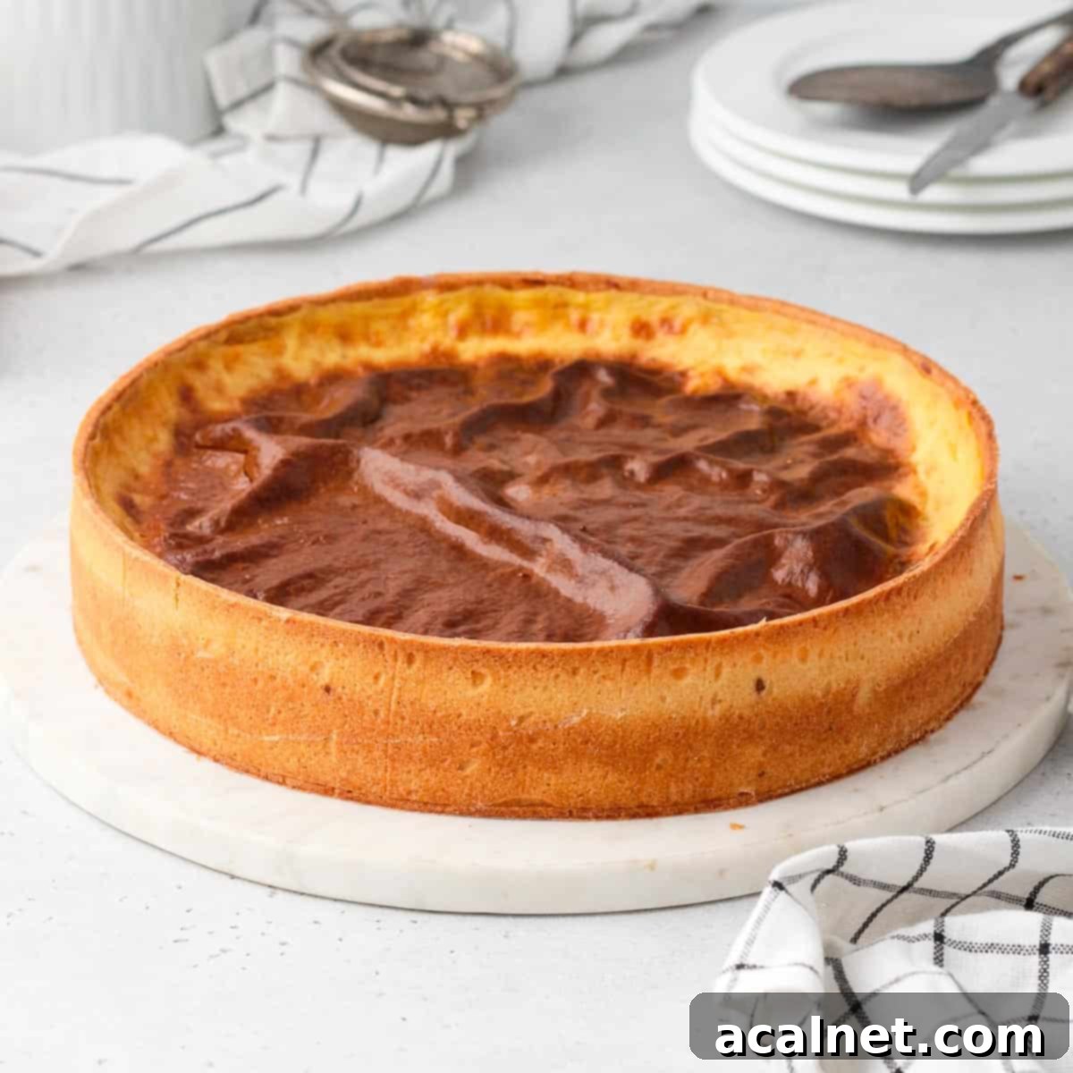 A perfectly baked Parisian Flan on a rustic stone round board, showcasing its golden-brown caramelized top and thick, creamy filling.