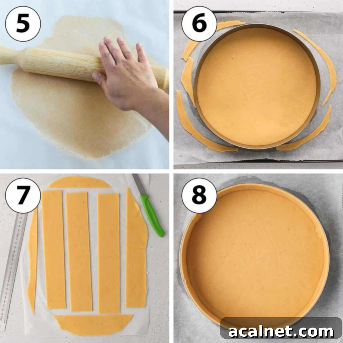A four-panel collage illustrating the process of lining a tart ring with sweet shortcrust pastry: rolling out dough, cutting the base, cutting strips for the sides, and finally lining the ring.