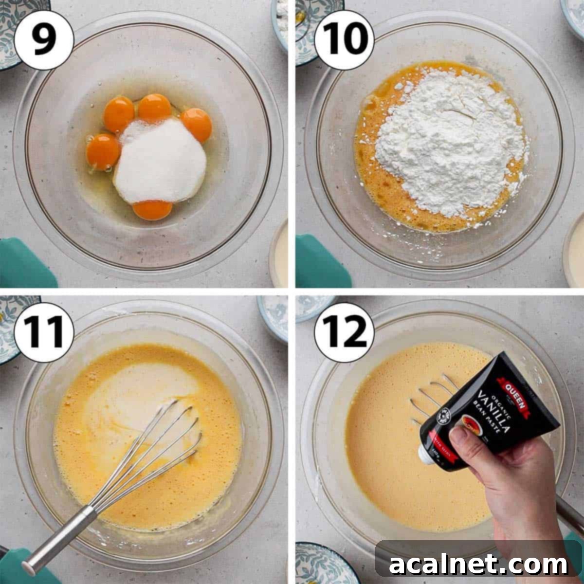 A four-panel collage showing the process of preparing the custard filling: whisking eggs and sugar, mixing in cornstarch, adding cream, and finally vanilla paste.