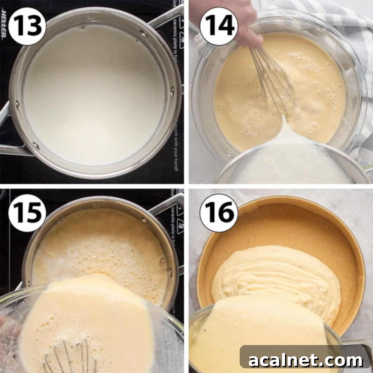 A four-panel collage demonstrating the cooking process of the Parisian Flan custard: heating milk, tempering eggs with hot milk, cooking the custard on the stove until thickened, and finally pouring it into the pastry shell.