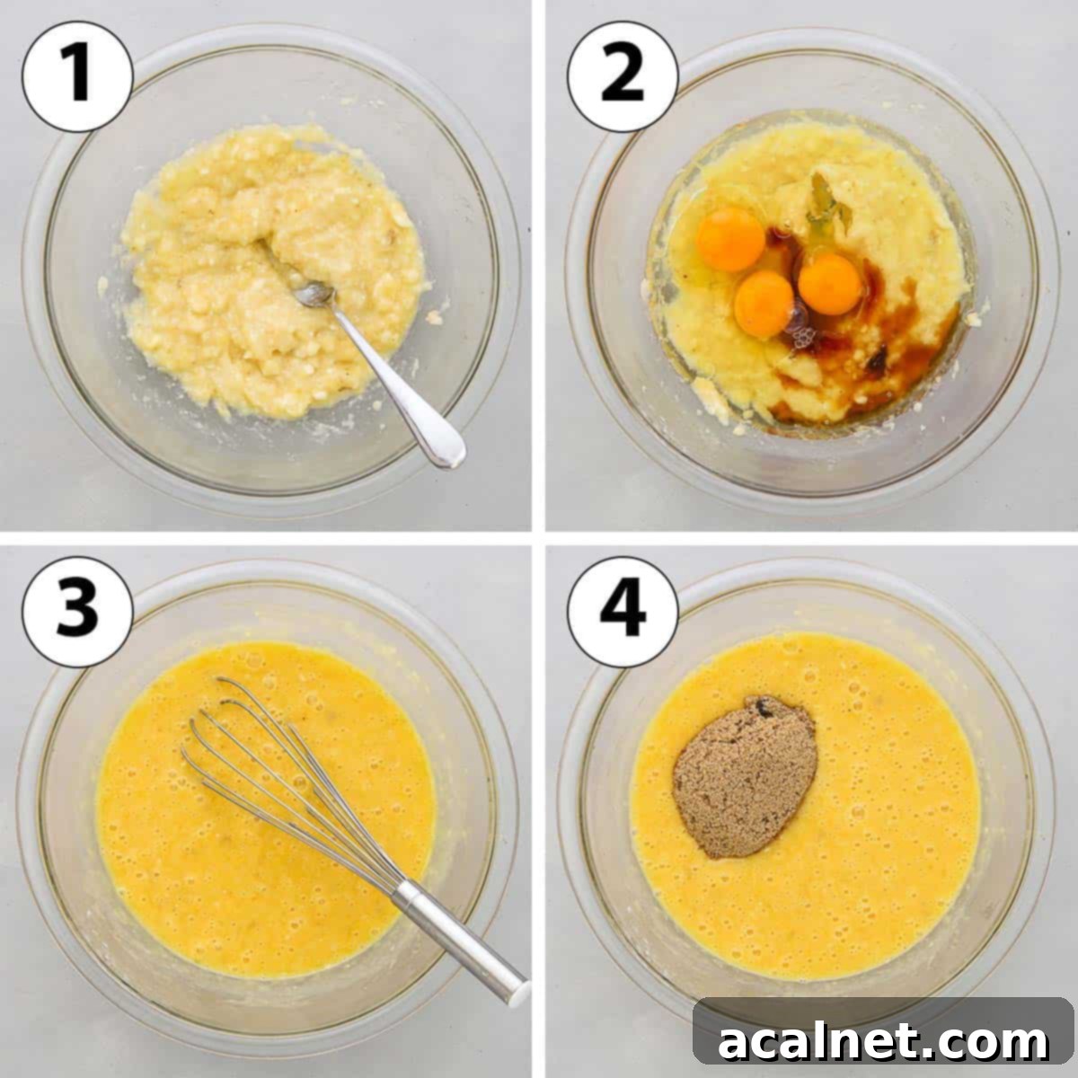 Process Shot Collage: mashing ripe bananas, adding eggs, oil, vanilla, and brown sugar into a mixing bowl for banana bread cake batter.