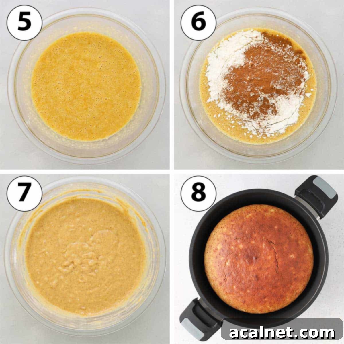 Process Shot Collage: adding self-rising flour and cinnamon to the batter, then baking the banana bread cake in the Remoska Tria.