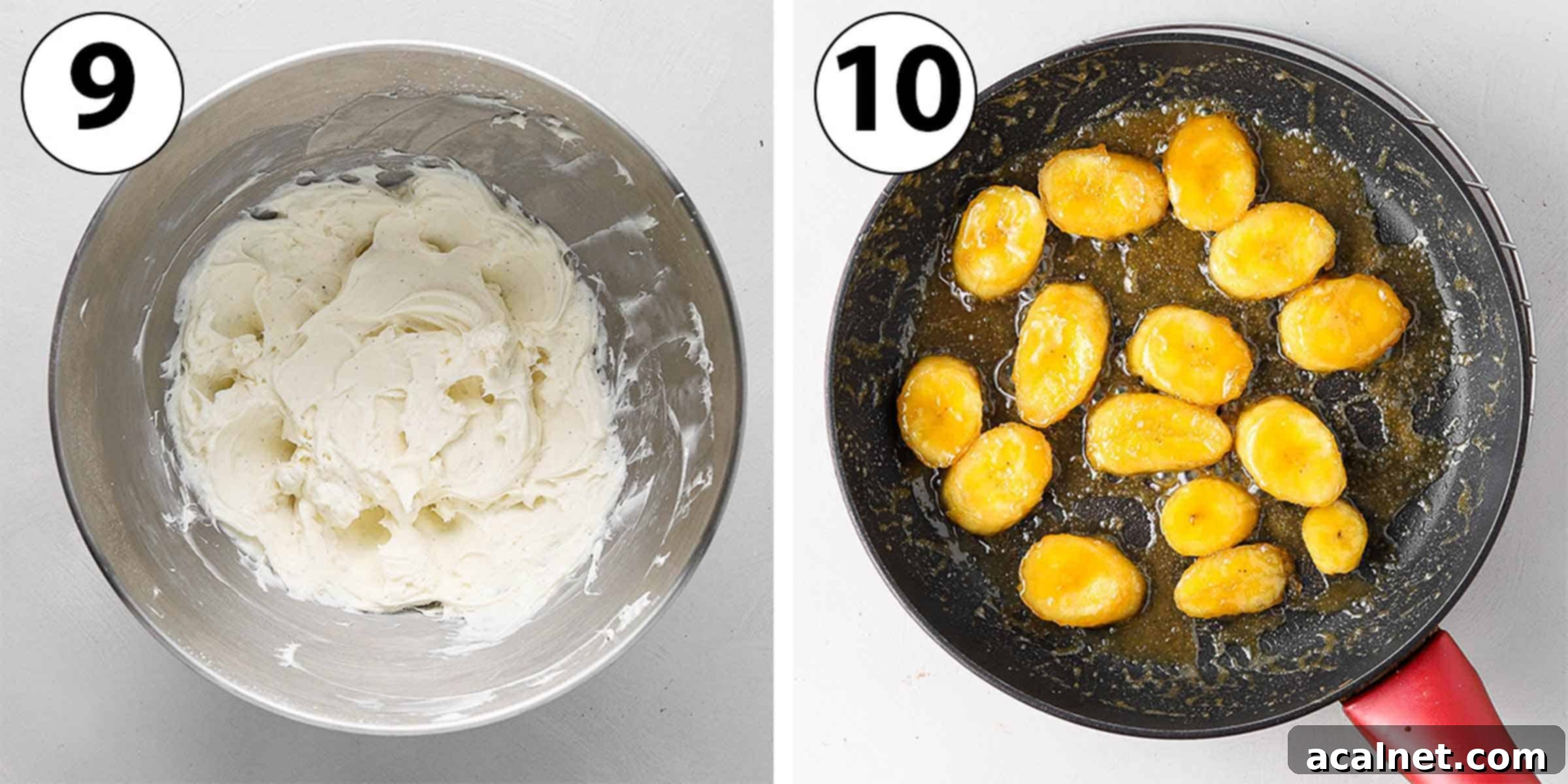 Process Shot Collage: making the fluffy cream cheese frosting and caramelizing banana slices in a saucepan for the topping.