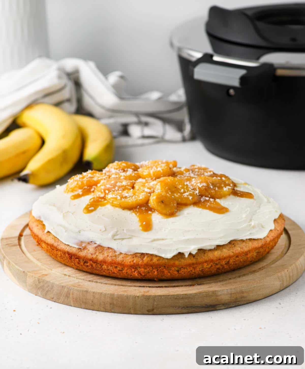 Beautifully baked Banana Bread Cake presented on a rustic wooden board, with the Remoska Tria visible in the softly blurred background.