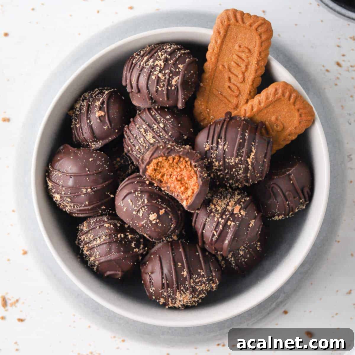 Truffles from above in a grey bowl with biscoff cookies.