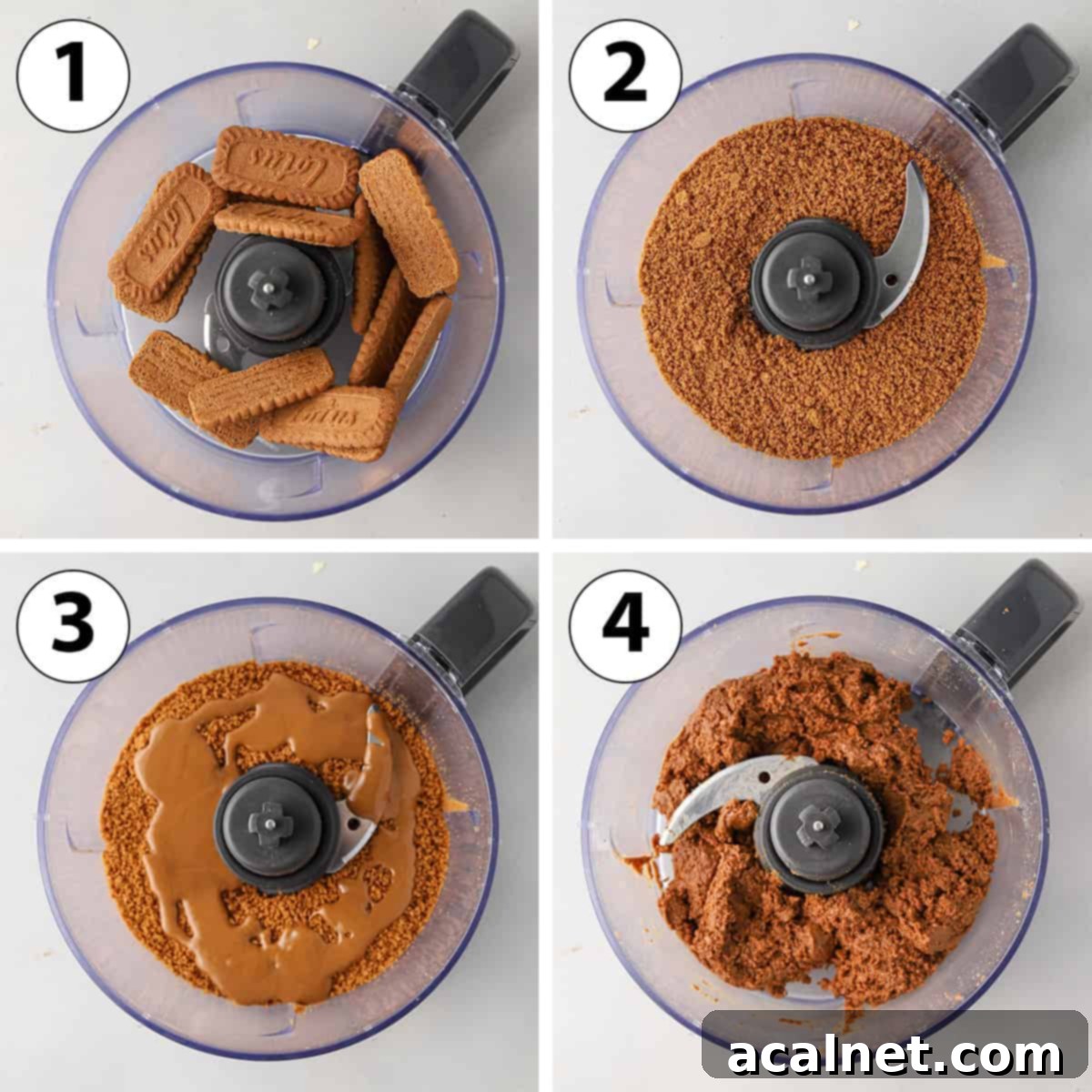 Process Shot Collage: mixing the biscoff cookies and cookie butter.