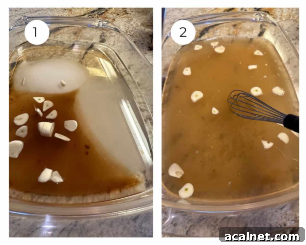 A glass dish containing water, sugar, salt, brown sugar, and sliced garlic, forming the brine for salmon.