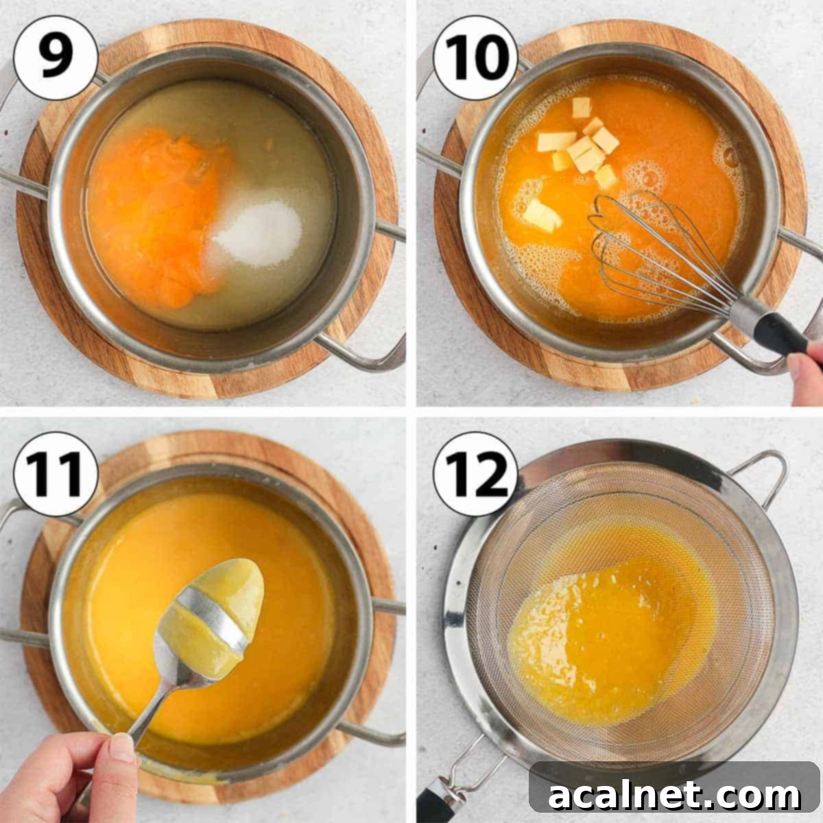 Zesty Lemon Mousse & Curd Delight 6 A collage of process shots depicting the making of homemade lemon curd: whisking ingredients, adding butter, cooking to thicken, and straining.