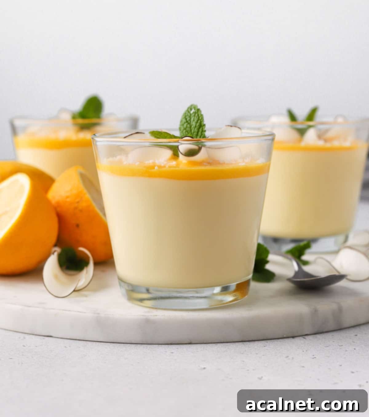 Zesty Lemon Mousse & Curd Delight 7 Two layers of lemon mousse and bright yellow lemon curd in elegant serving cups, arranged on a marble board with a fresh lemon slice and mint sprig.