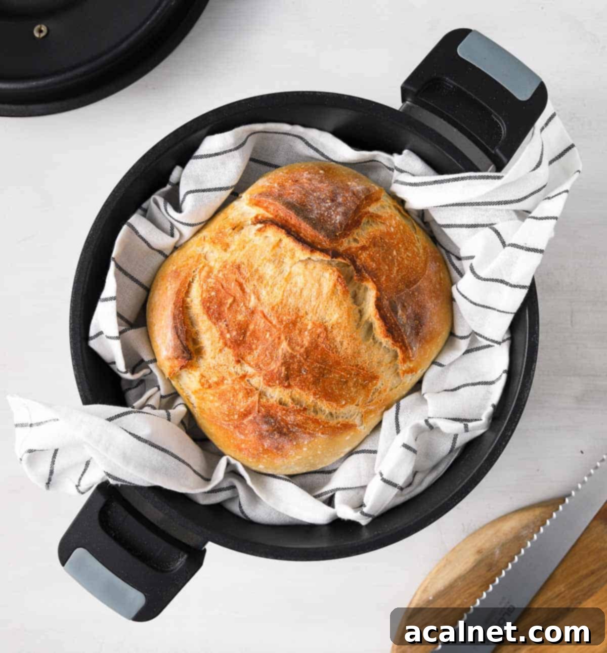 No Knead Bread in the Remoska 4 Freshly baked No-Knead Bread in the Remoska pot, with a golden-brown crust.