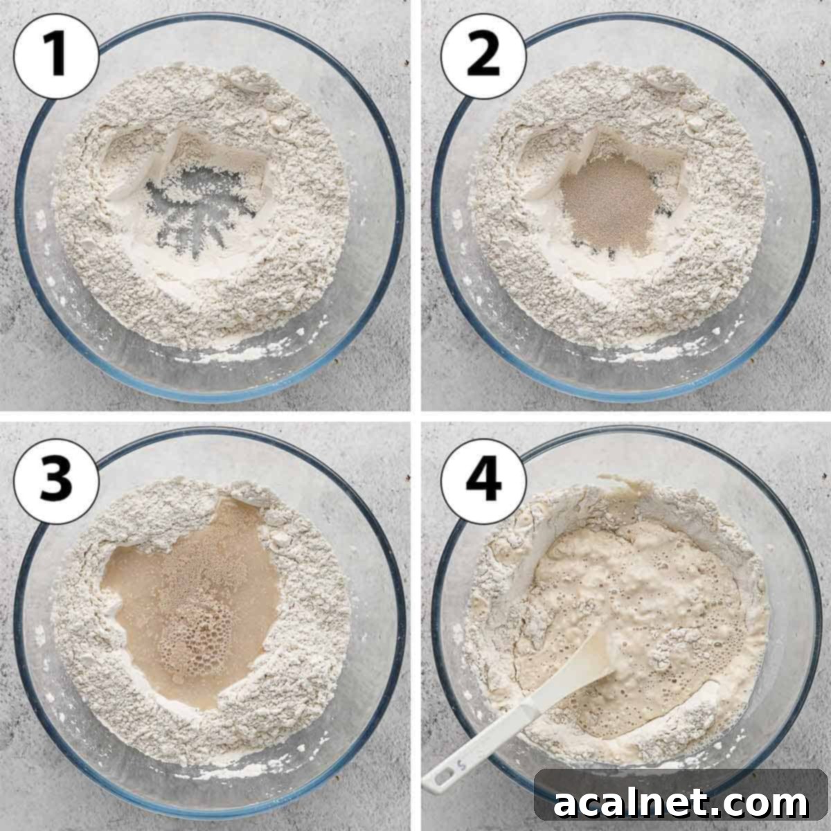 No Knead Bread in the Remoska 5 Process Shot Collage showing the initial mixing of no-knead bread dough in a bowl.