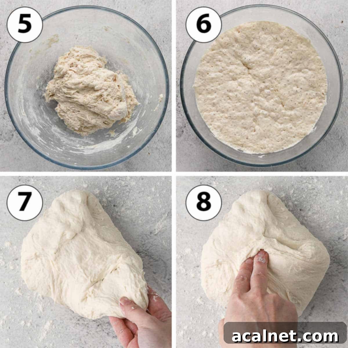 No Knead Bread in the Remoska 6 Process Shot Collage showing the dough after kneading, during proofing, and being shaped.