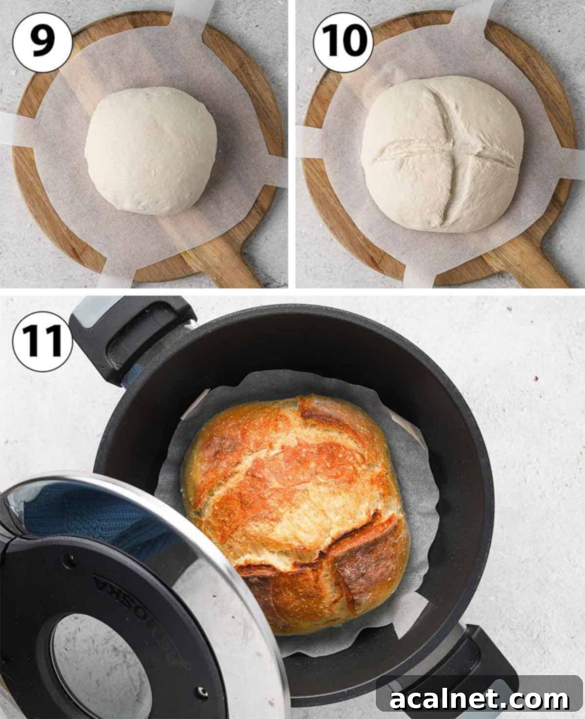 No Knead Bread in the Remoska 7 Process Shot Collage showing the final proofing, scoring, and baking of the bread in the Remoska.