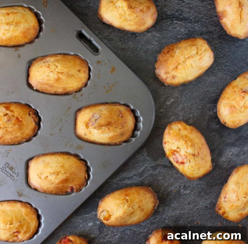 Tomato Madeleines in the pan and over a grey surface, showcasing a baked good that requires basic tools.