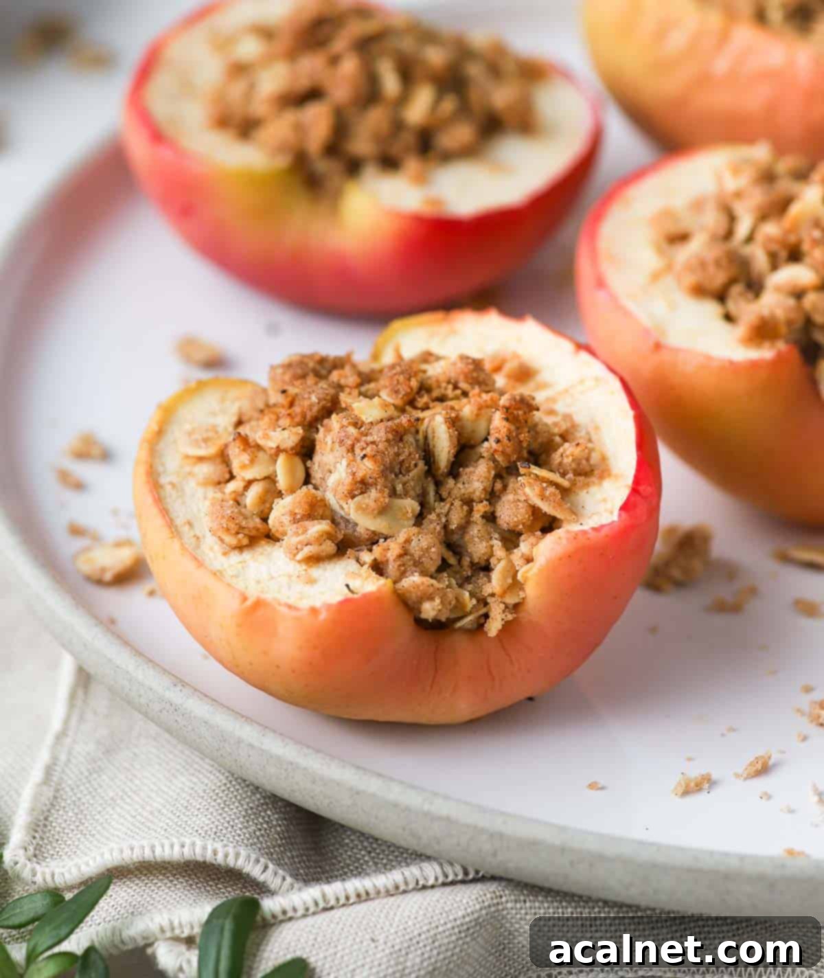 Remoska's Golden Crumble-Baked Apples 4 A close-up shot of a single baked apple with crumble topping, artfully presented on a large white plate, highlighting its inviting texture.