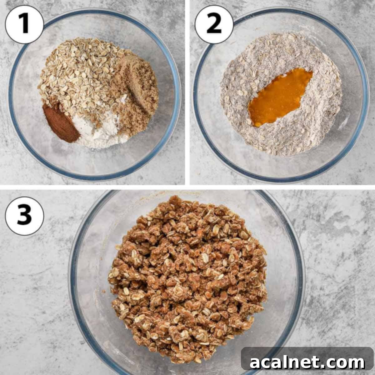 Remoska's Golden Crumble-Baked Apples 5 A process shot collage showing the steps to make the crumble topping: combining dry ingredients, adding melted butter, and mixing until crumbly.