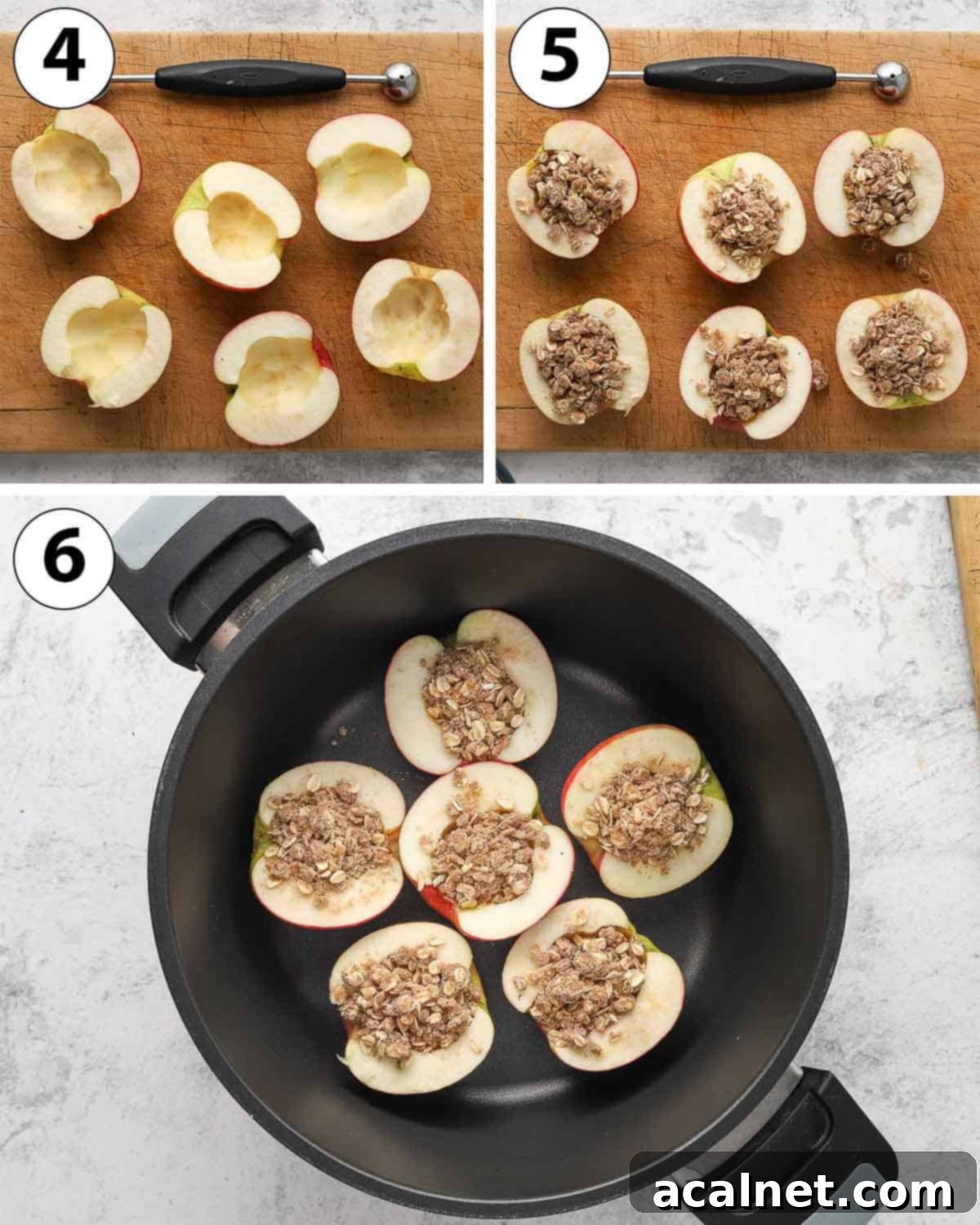 Remoska's Golden Crumble-Baked Apples 6 A process shot collage showing the preparation and baking of apples: cutting and coring apples, filling them with crumble, and placing them in the Remoska Tria for baking.