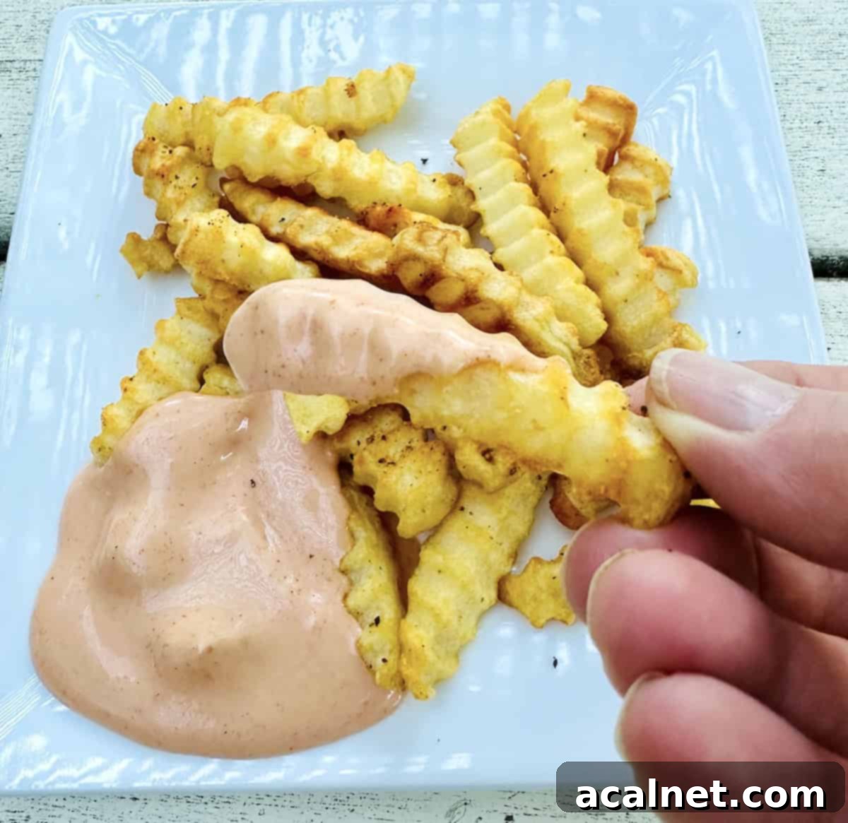 Ultimate Fry Dip 2 A generous serving of crispy golden French fries arranged on a rustic plate, accompanied by a small bowl of creamy, pinkish French fry sauce. The sauce looks smooth and inviting, ready for dipping.