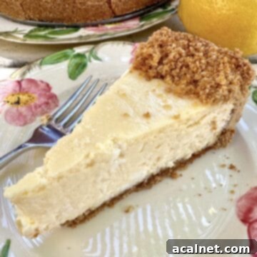 A slice of creamy vanilla cheesecake sits elegantly on a plate with the rest of the cake and a fresh lemon in the background, showcasing its smooth texture and golden crust.