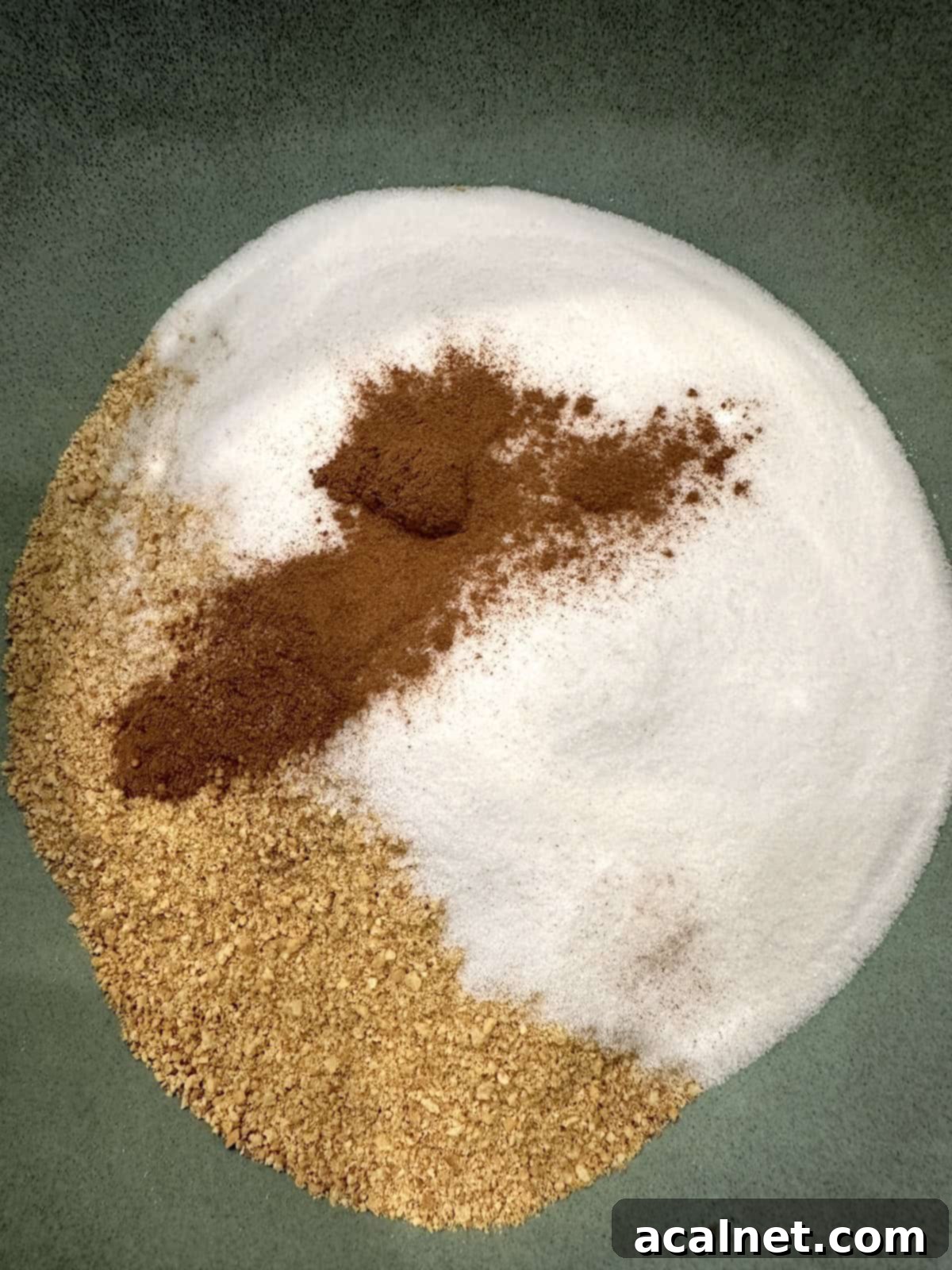 A close-up shot of a mixing bowl containing golden graham cracker crumbs, granulated sugar, and a dusting of cinnamon, waiting to be combined for the cheesecake crust.